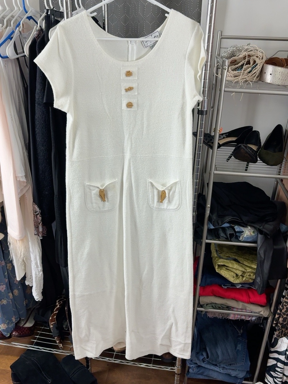 White Short-Sleeve Knit Pocket Dress with Button Detail